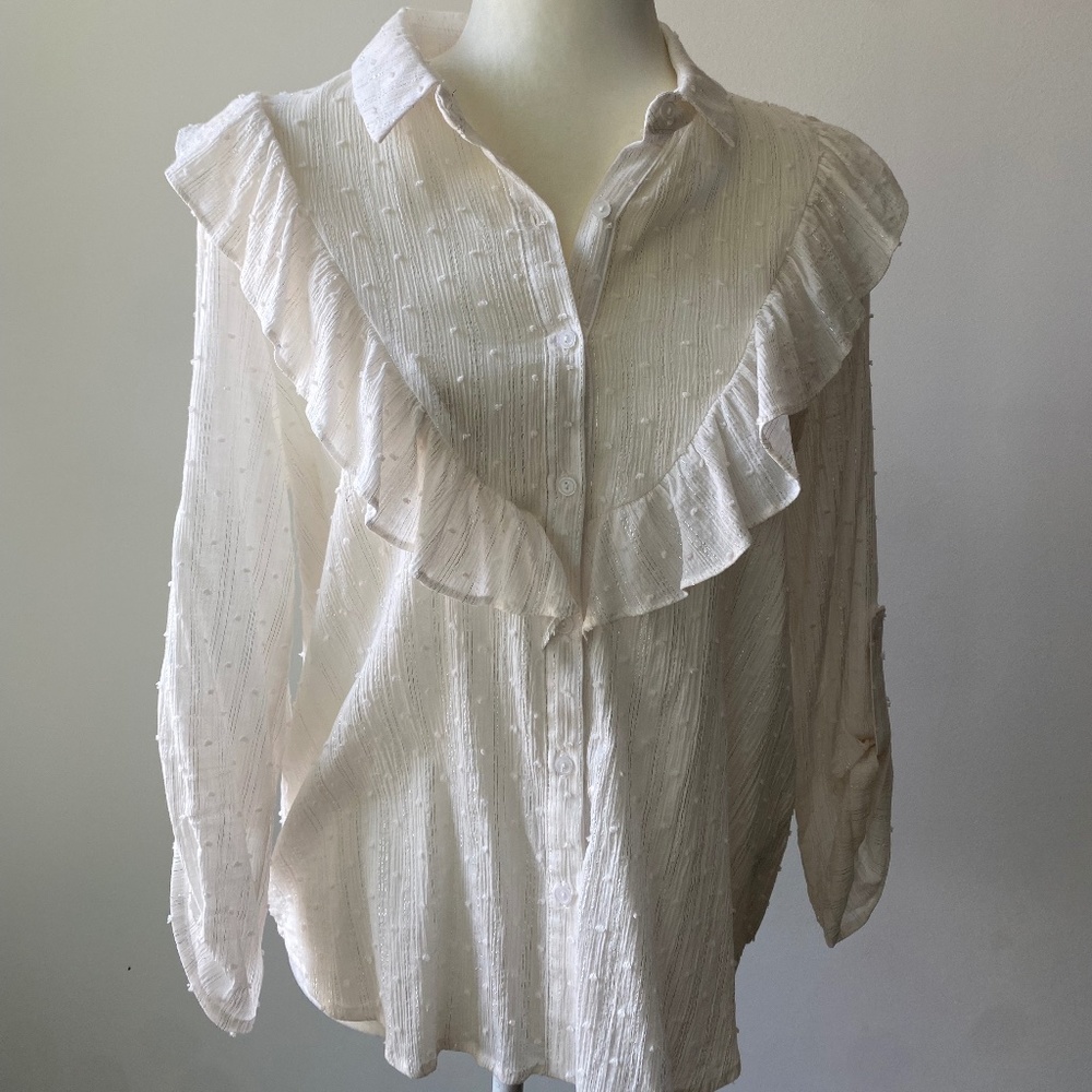 Lush White Ruffle Blouse with Silver Threading, Size L